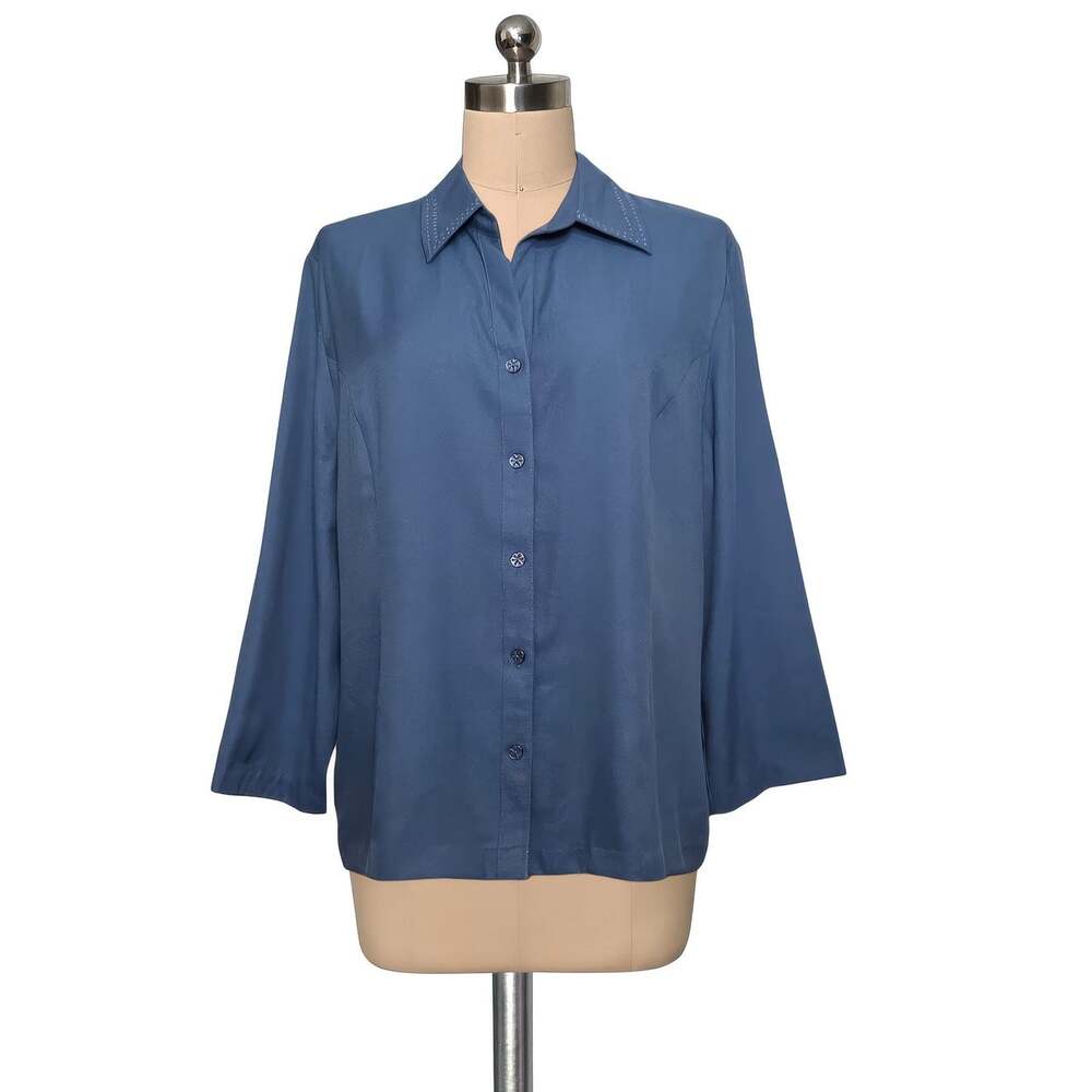 Sag Harbor Blue Button Up Blouse Embroidery Detail Collar 16